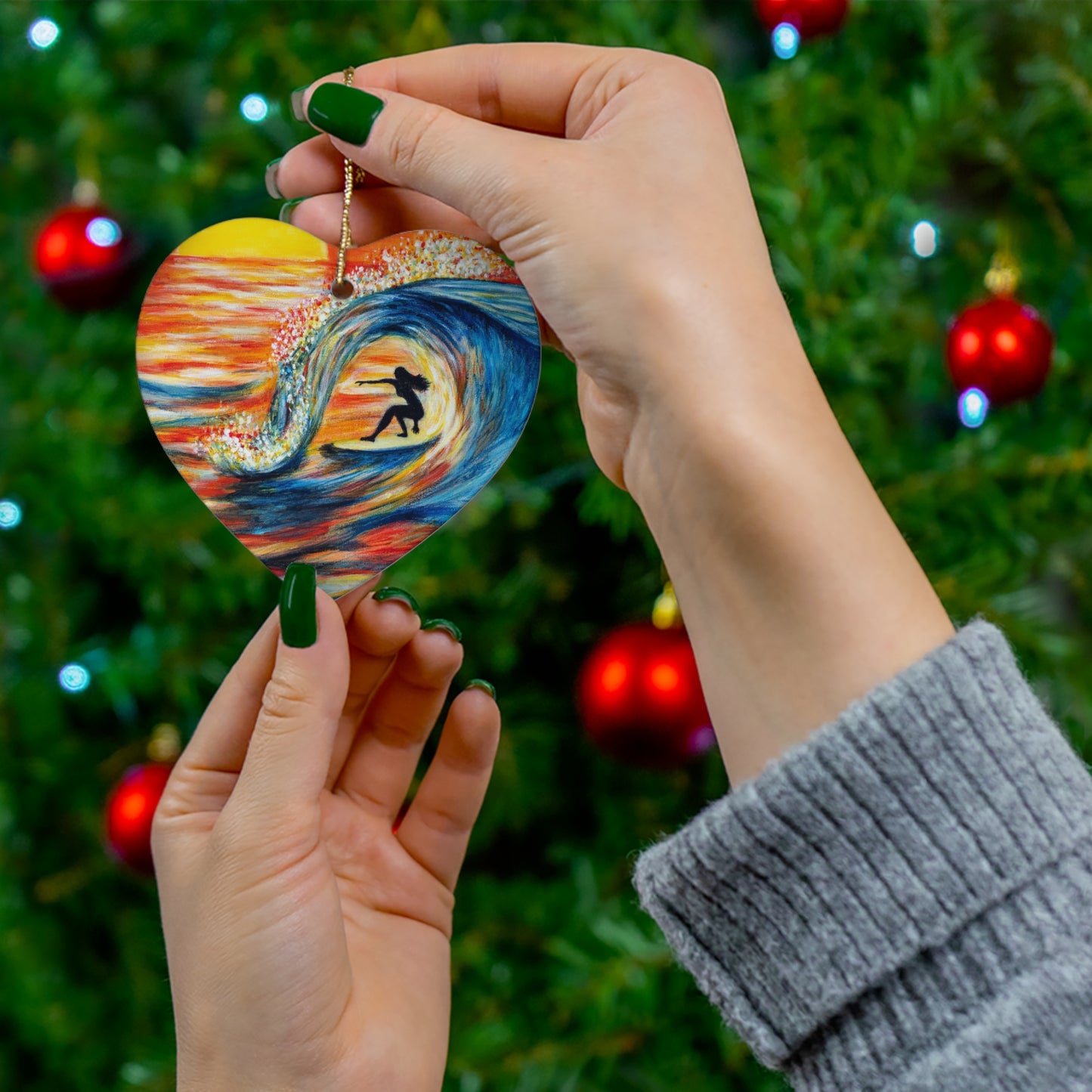 Ceramic Ornament, Surfer Girl Sunset Barrel