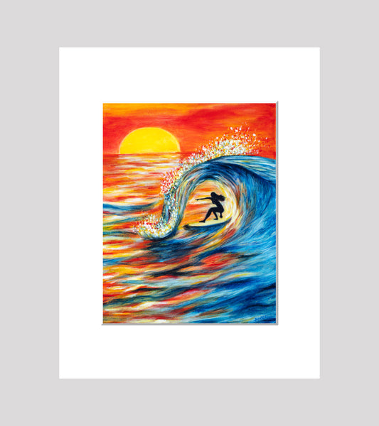 #01 Surfer Girl in Sunset Barrel Matted and Signed Print (8"x10" print in 11"x14" Mat)