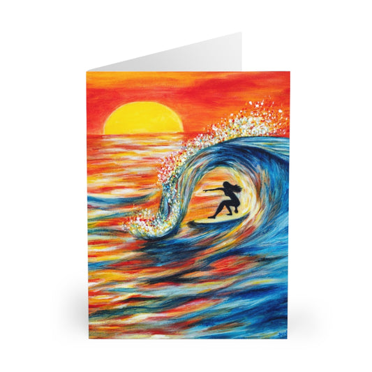 Greeting Card: Surfer Girl in Sunset Barrel